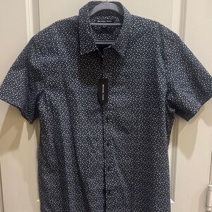 Michael Kors Navy Button-Down Short Sleeve Shirt with White Floral Print